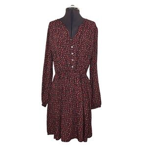 Loft Red Black Floral Adjustable Waist string Long Sleeve Boho Swing Dress L